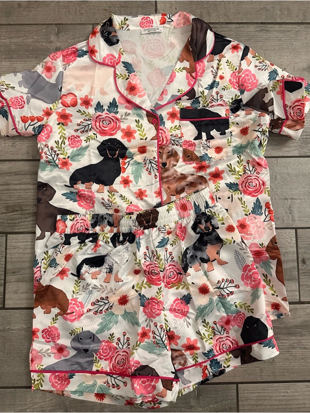 Sheshow Dachshund Floral Pajama Set Satin Sleepwear Small Dog Print Cute